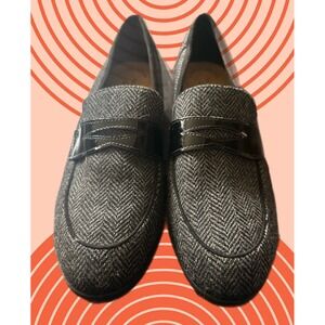 Clarks Trish Rose Black Grey Herringbone Penny Loafers Patent Trim Womens 10M